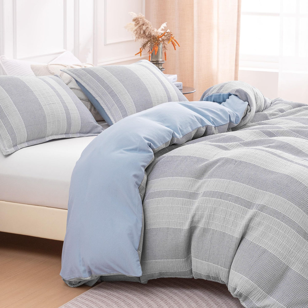 Duvet Cover Set, Luxury Jacquard Waffle Vertical Stripe Soft and Breathable 3 Pcs Comfy Bedding Set Duvet Cover