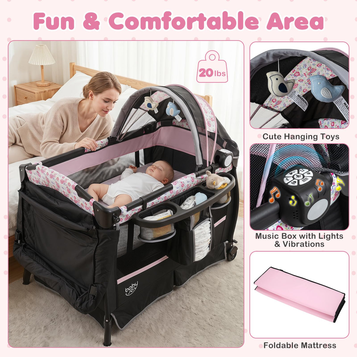 4 in 1 Play Yard, Portable Baby Playard with Bassinet & Flip-Away Changing Table, Canopy, Portable Bedside