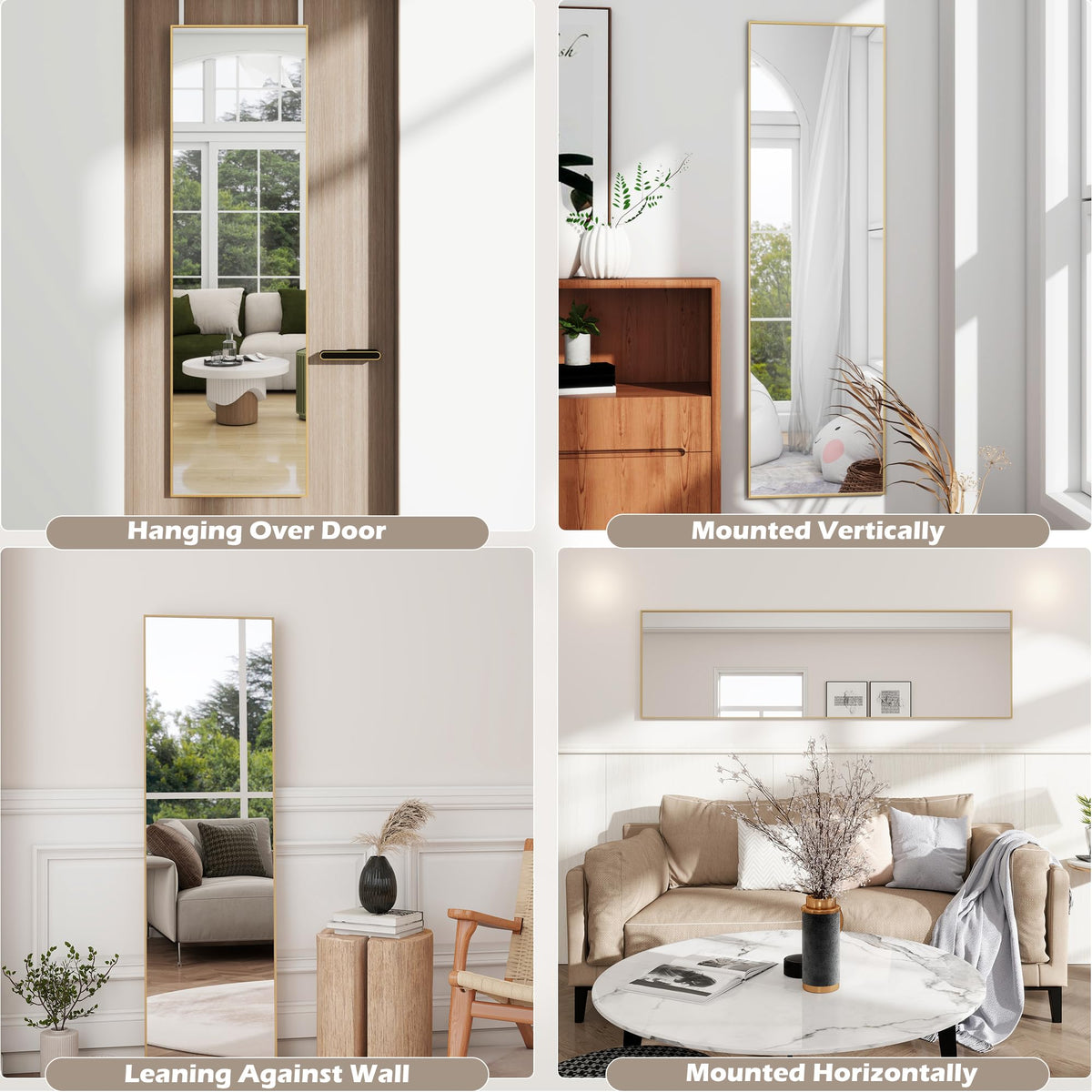 48"x 14" Over the Door Mirror Full Length, Full Body Mirror, Gold