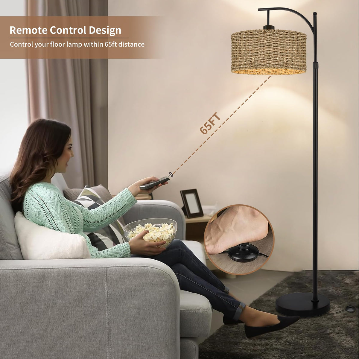 Arc Rattan Floor Lamp with Remote, Black Floor Lamps with 3 Color Temperature Dimmable Bulb, Farmhouse Boho Standing