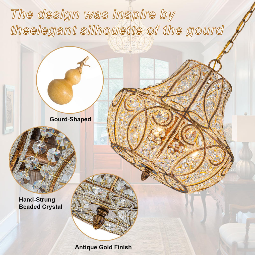 Antique Gold Gourd Beaded Chandelier, 13" Vintage Crystal Light
