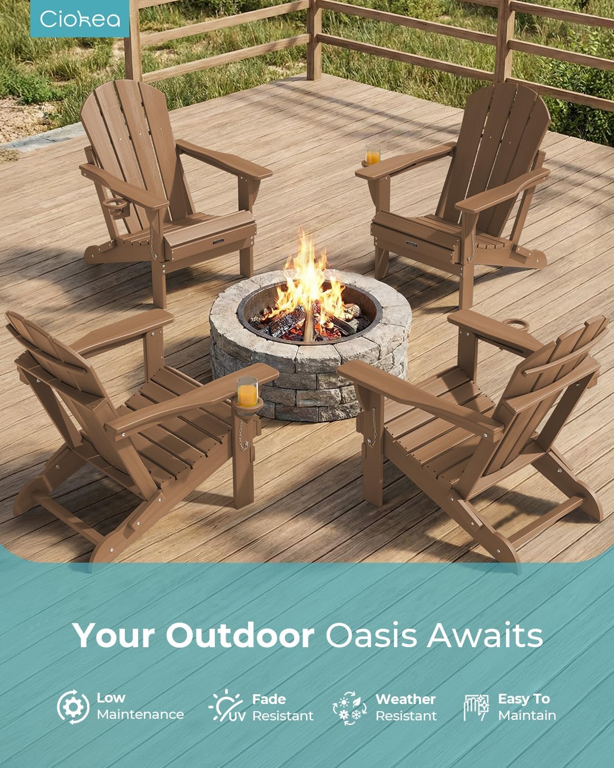Folding Adirondack Chair 2 Pack, Patio Adirondack Chair Weather Resistant, Plastic Fire Pit Chair with Cup Holder