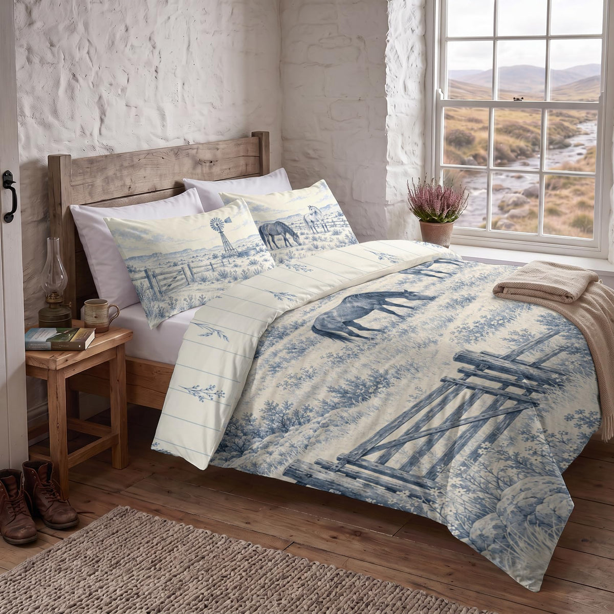 Western Ranch Duvet Cover Set 90x90, Dusty Blue Horse Toile Bedding