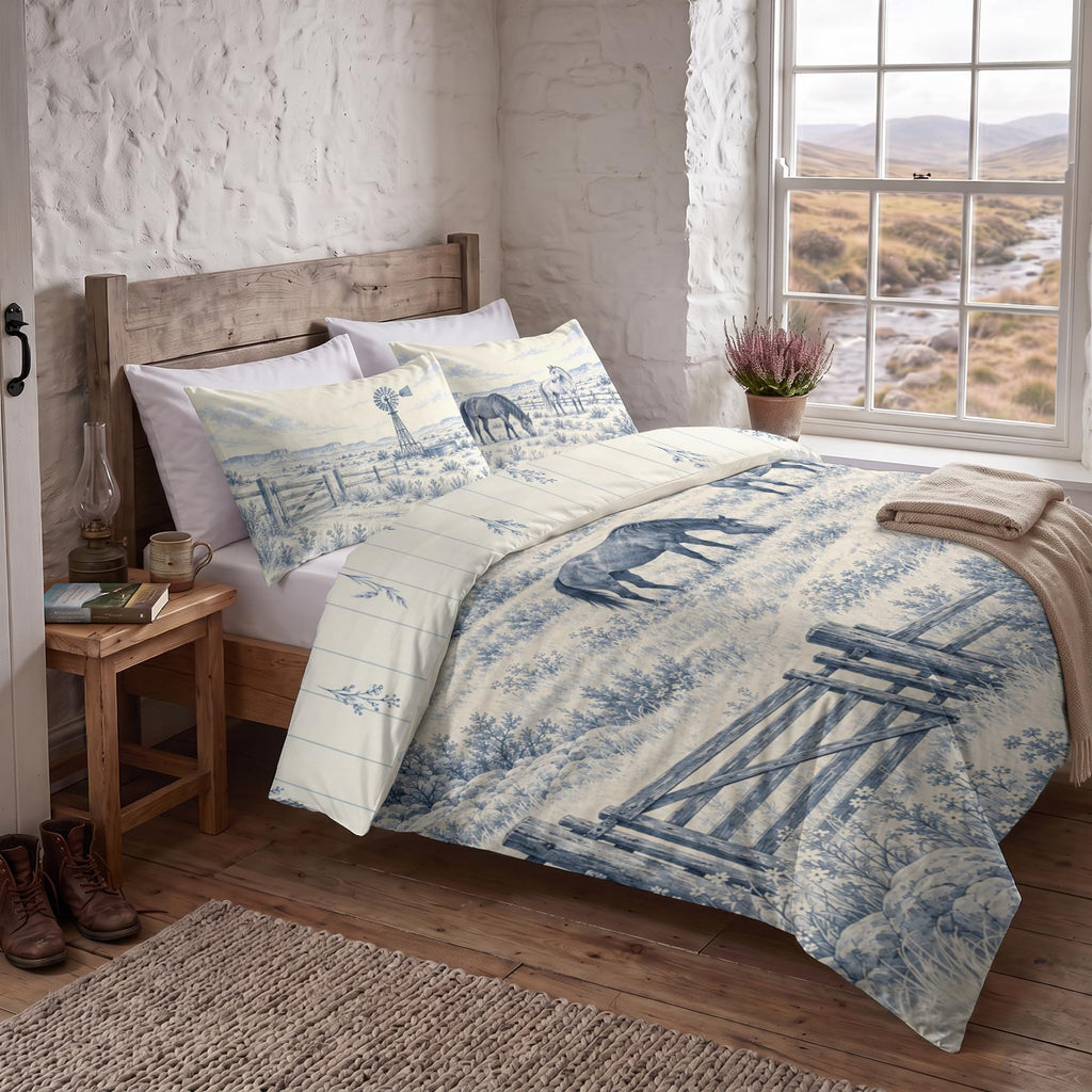 Western Ranch Duvet Cover Set 90x90, Dusty Blue Horse Toile Bedding