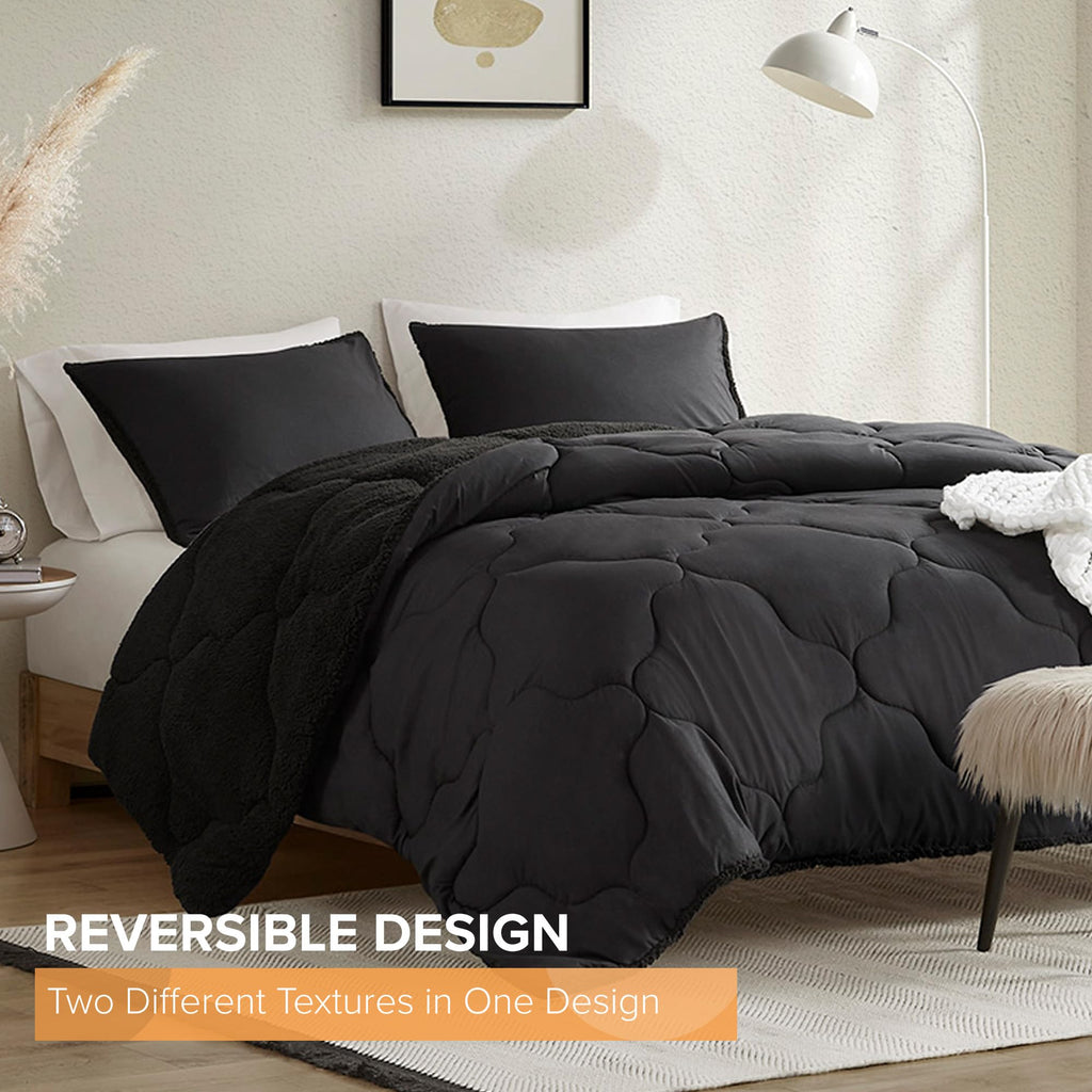 Vixie Sherpa Comforter Set, 3 Piece, Black/Black