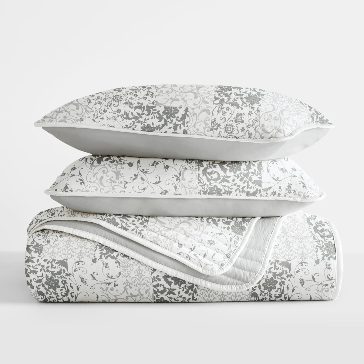 Gray 3-Piece Full/Queen Quilt Comforter with 2 Shams | Lightweight, All-Season, Paisley Stitched Bedspreads | Modern