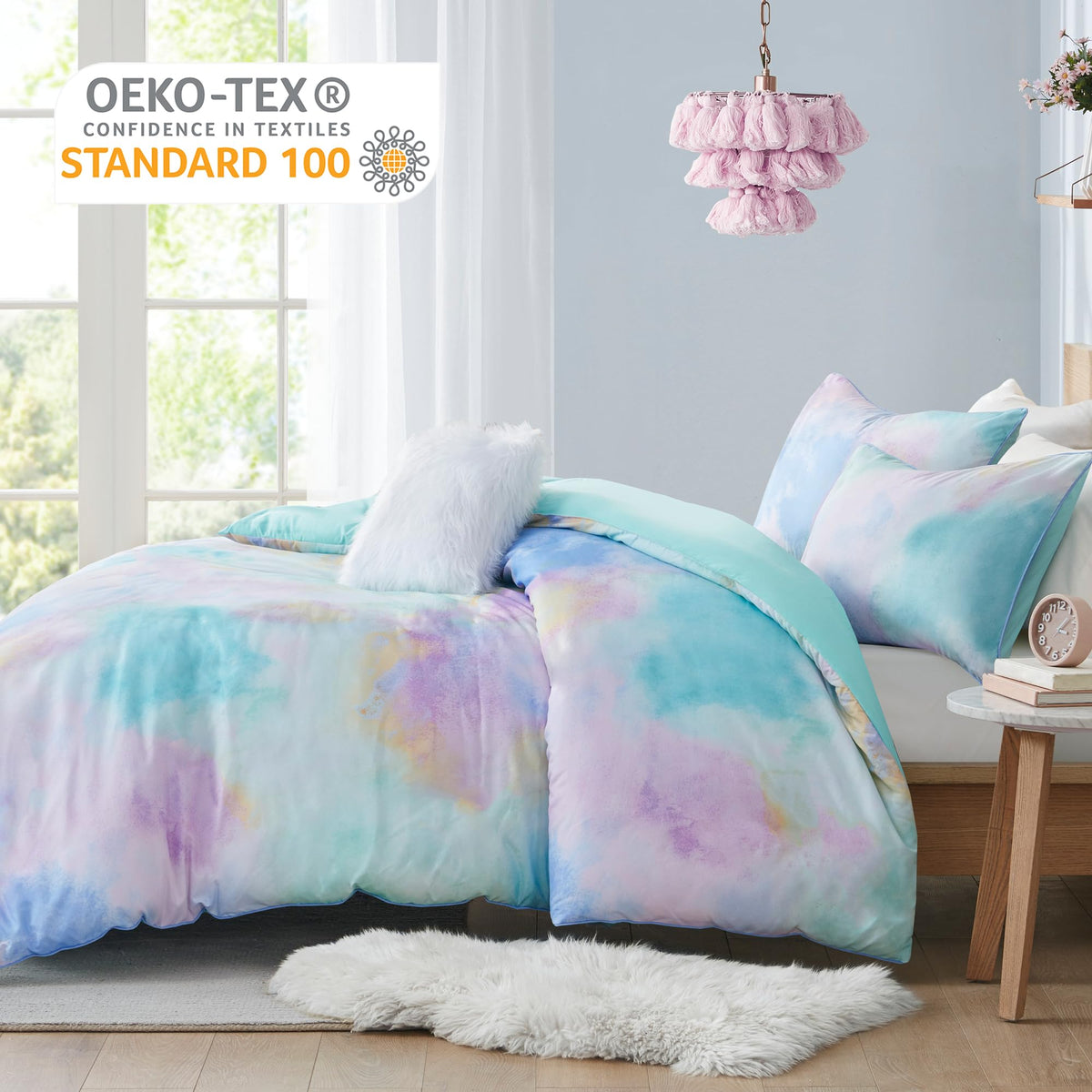 Boho Watercolor Tie Dye Aqua King Duvet Cover Set, 4pc