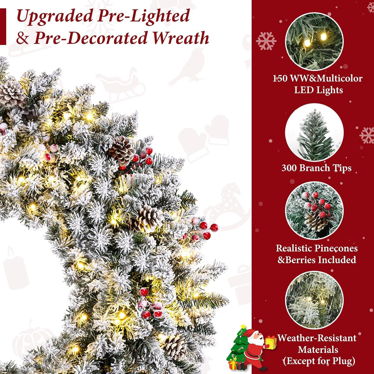 36in Large Flocked Artificial Prelit Christmas Wreath with Lights, 170 Warm White/Multicolor LED Lights, 8 Lighting