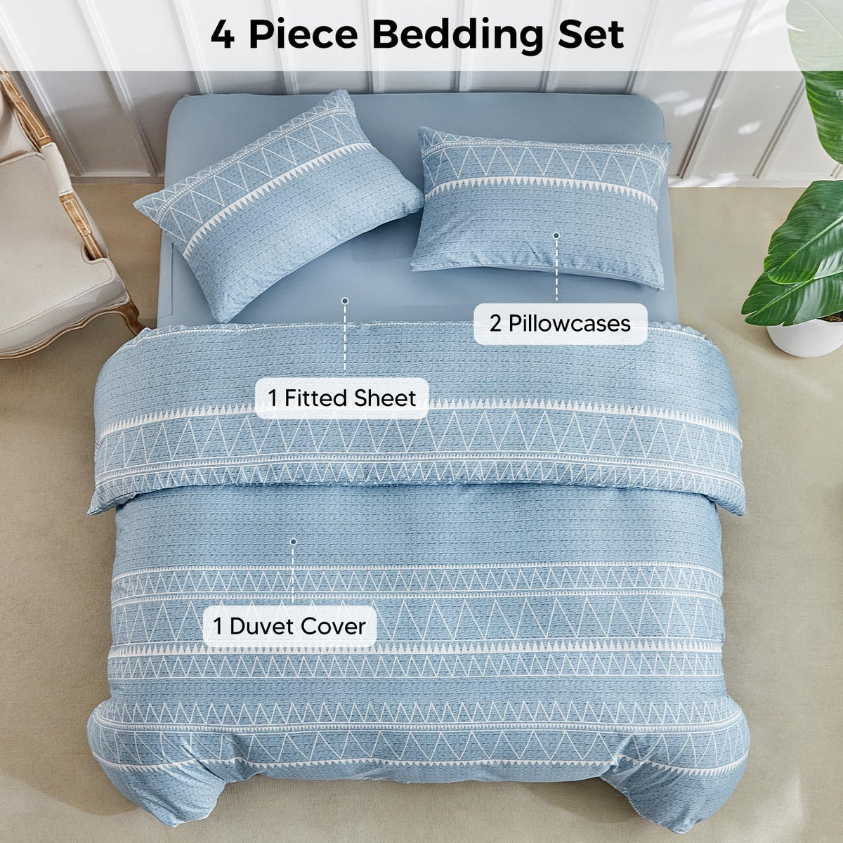 Duvet Cover with Fitted Sheet - 4 Pieces Blue Striped Printed Soft Bedding Set, Includes 1 Duvet Cover