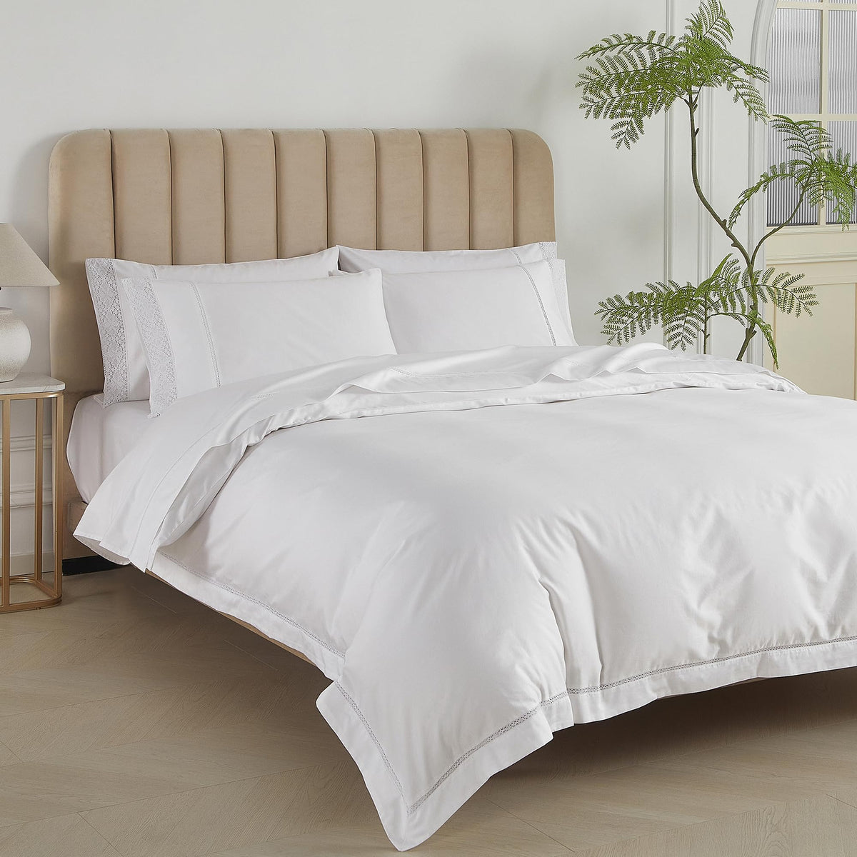100% Cotton Percale Duvet Cover Queen Size, with Lace Pillowcases, 90x90