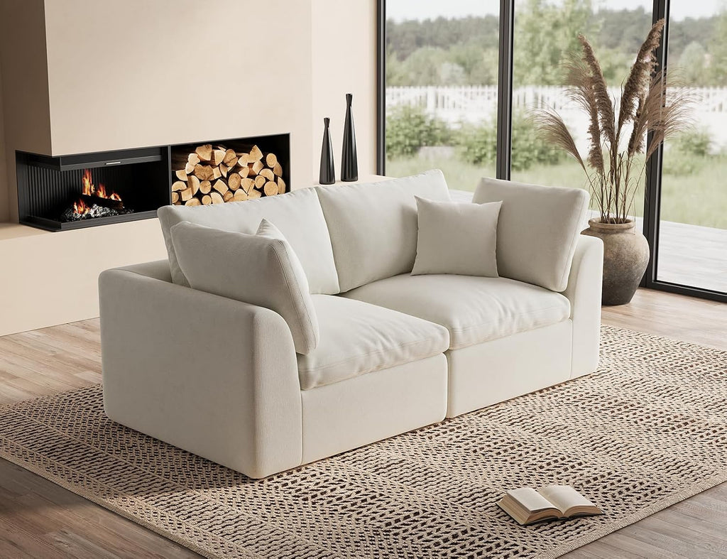 110" Cloud Sectional Couches , Boneless U Shaped Couch with Ottoman, 3 Seater Modular Sectional Sofa, Warm White