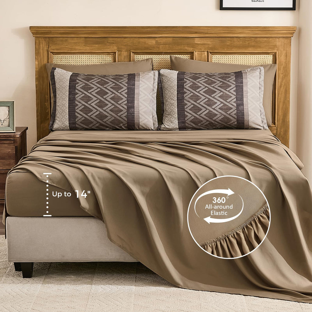 7-Piece Grey Brown Striped Comforter Set, Farmhouse Boho Bedding