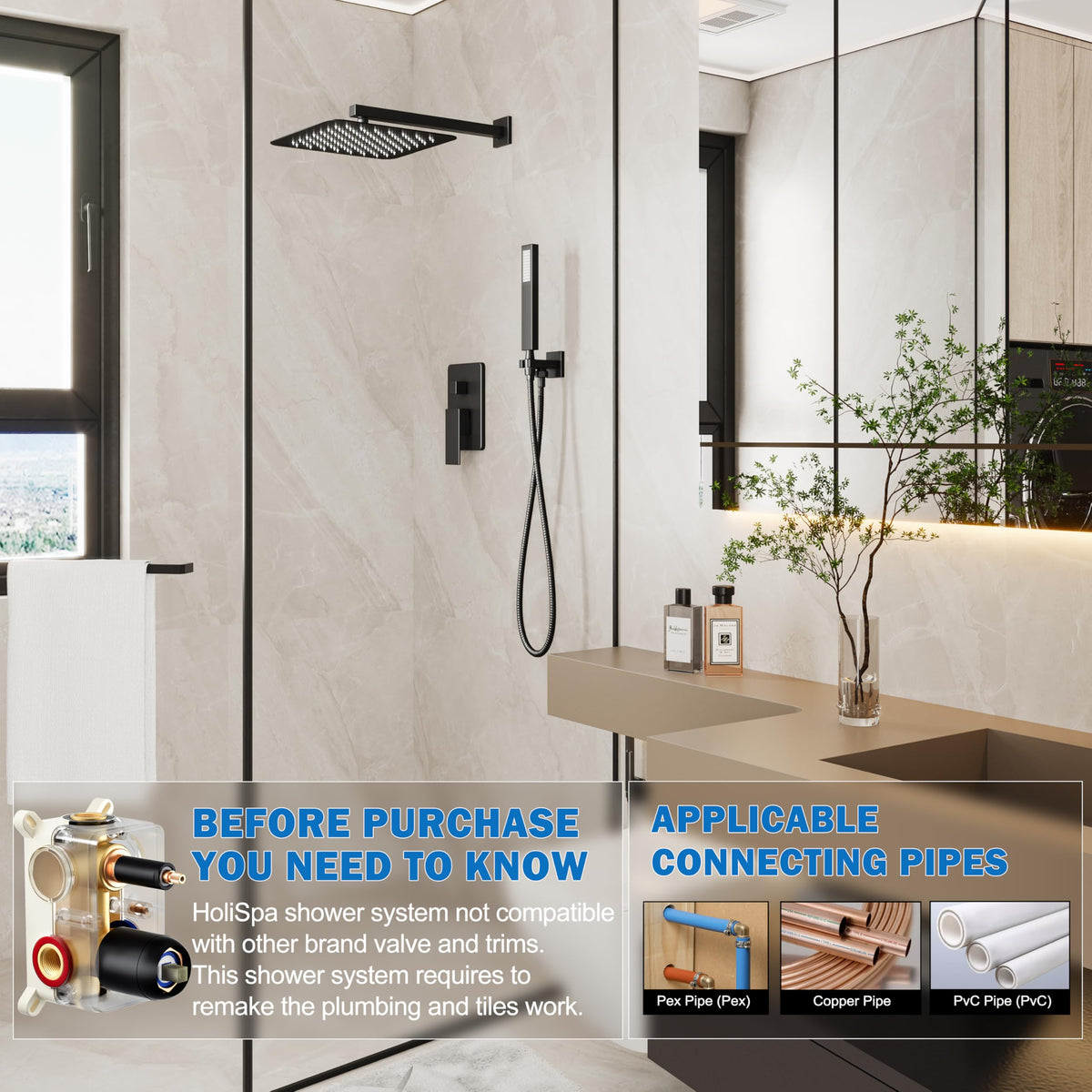 12" Rain Shower System with Handheld & Valve, Matte Black