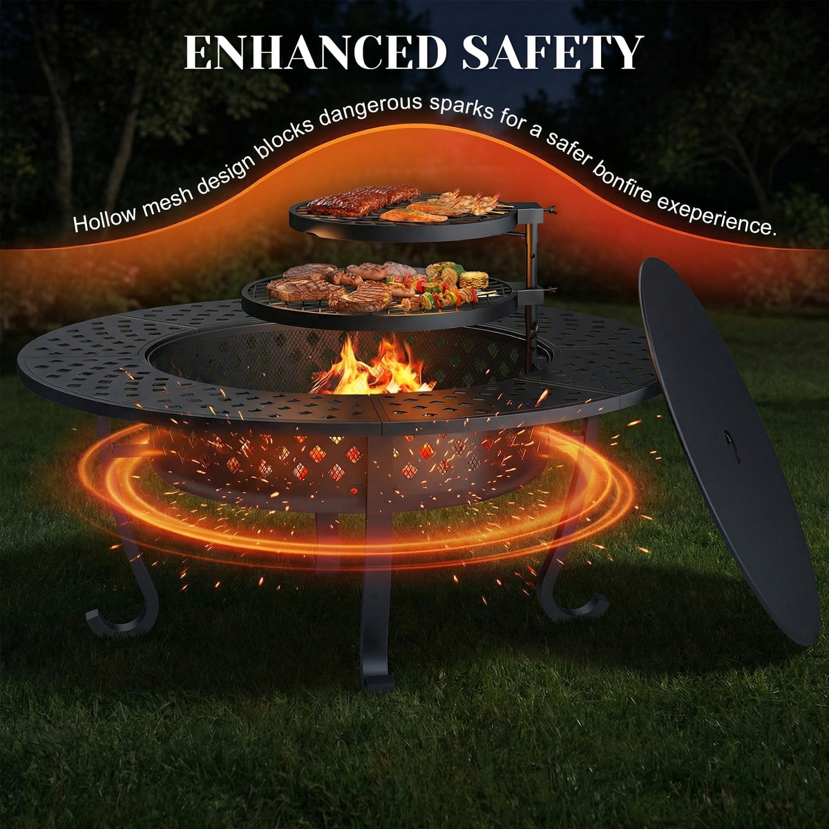 43" Fire Pit, Firepit with Adjustable 2 Grills & Lid & Fire Poker