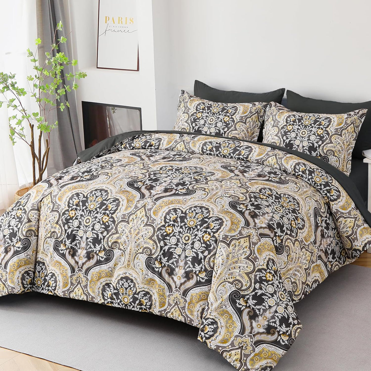 Boho Paisley Comforter Set Queen, 7 Pieces Bed in a Bag, Black and Gold