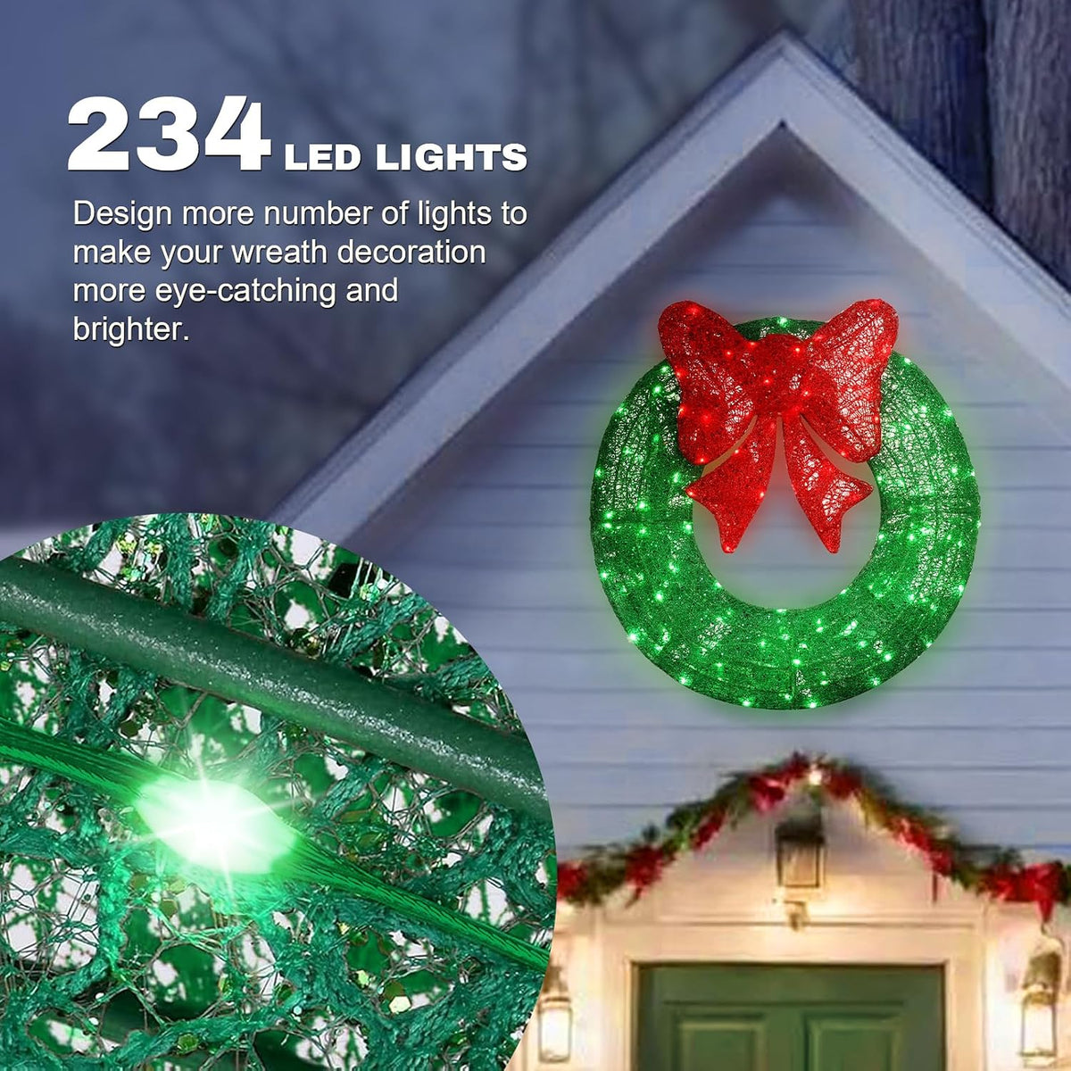 48in Pre-Lit Outdoor Christmas Wreath Decoration, 234LED Lights Metal Holiday Decor , Bow - Green/Red