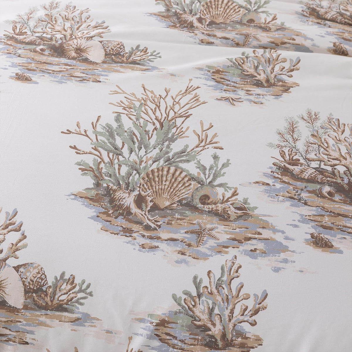 Luxury Coastal Cotton Duvet Cover Set Coastal Coral Seashell Toile Print Hotel-Quality Bedding Set 3-Piece