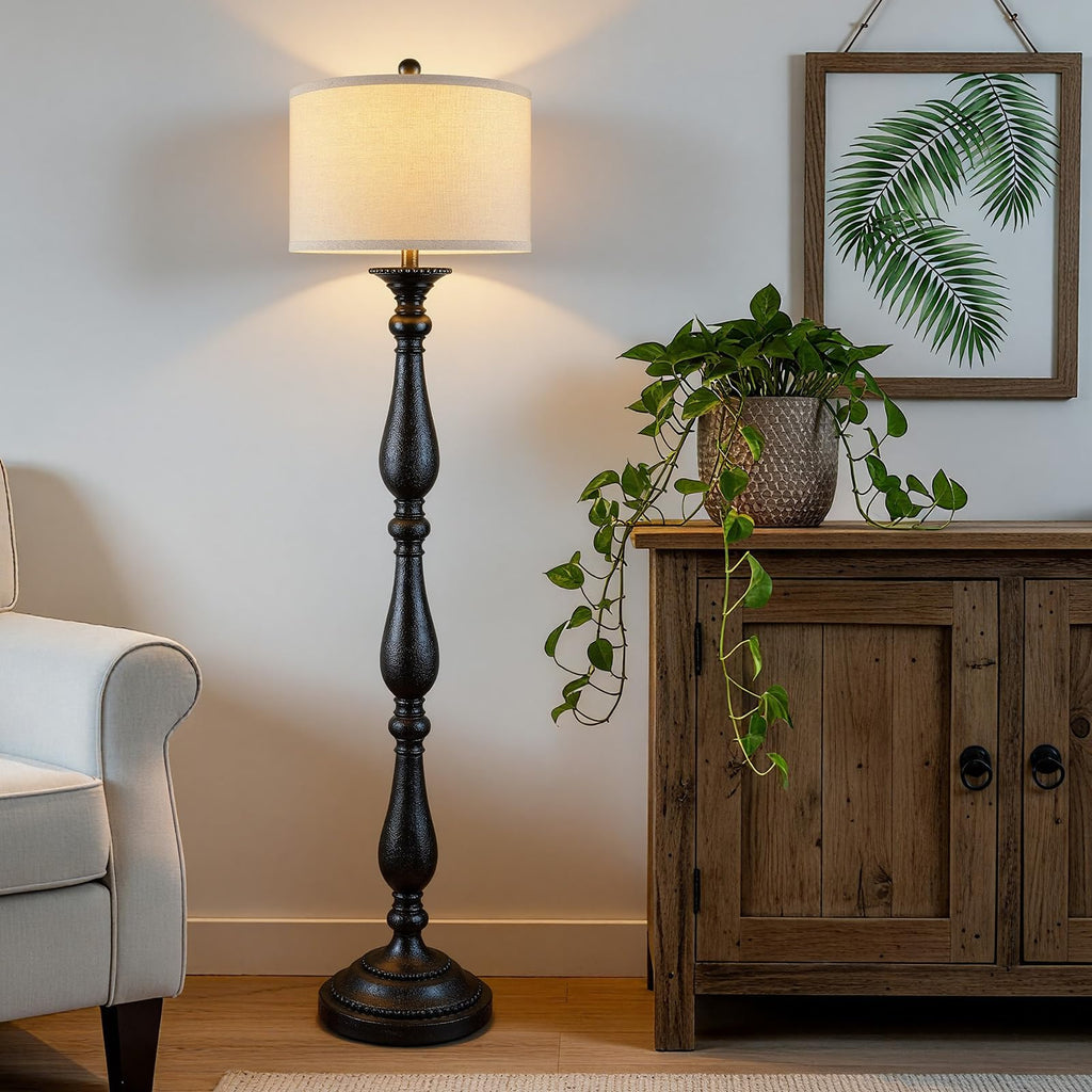 Vintage Floor Lamp, Rustic Farmhouse Standing Lamp with Rotary Switch and Linen Shade, Retro Resin Floor Lamp