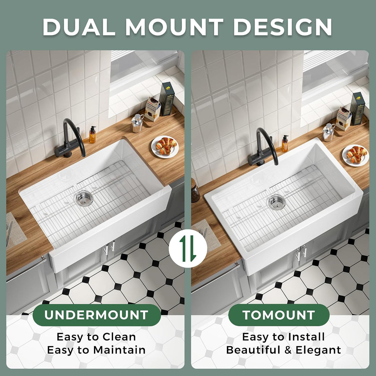 Self Trimming Farmhouse Sink 30 Inch, White Fireclay Kitchen Sink | Tall Apron Front 30"Wx20"Dx10"H , Heavy Duty,Farm