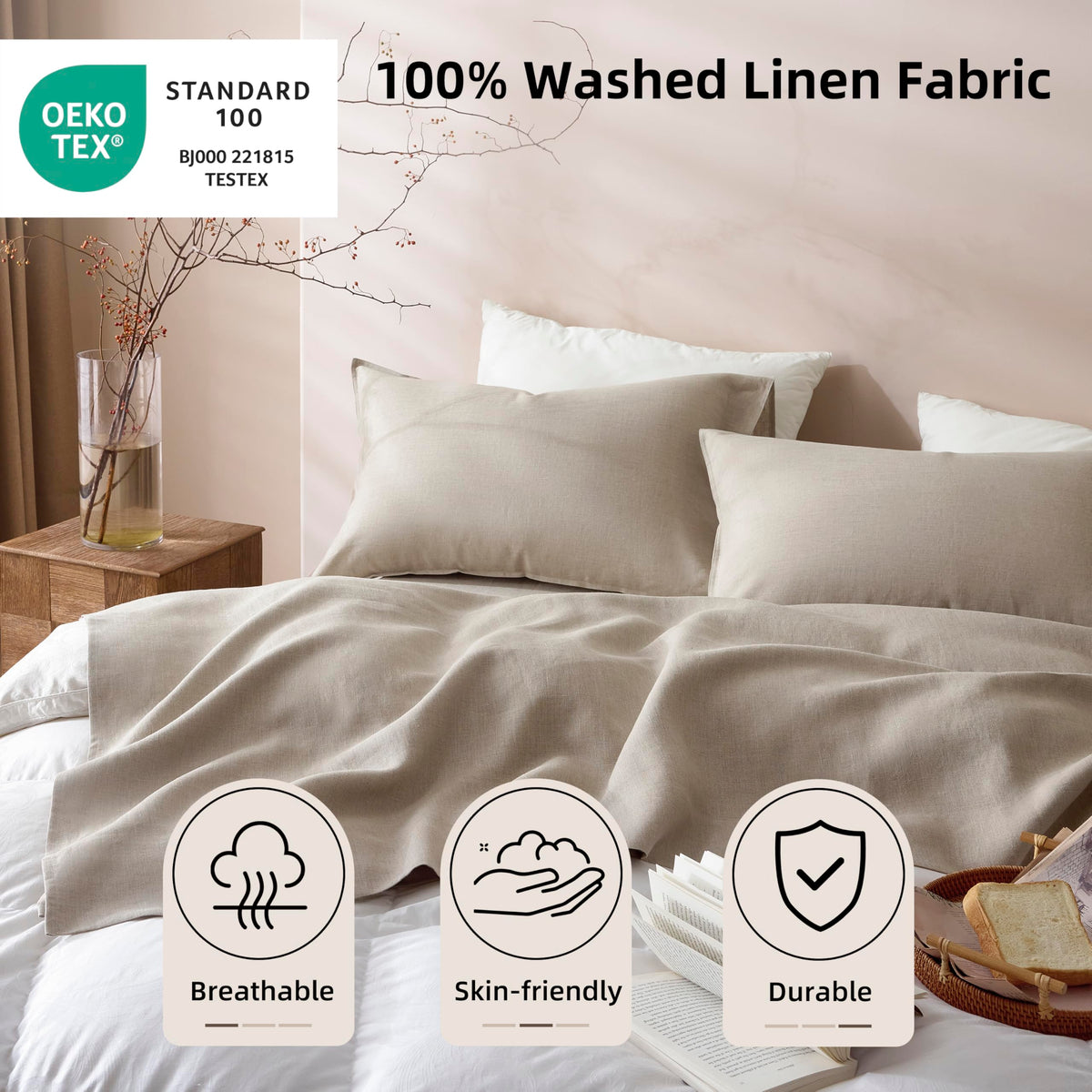 100% French Pure Linen Sheets Set 4-Piece, Oeko-Tex Certified 180 GSM Stone Washed All-Season Bedding for