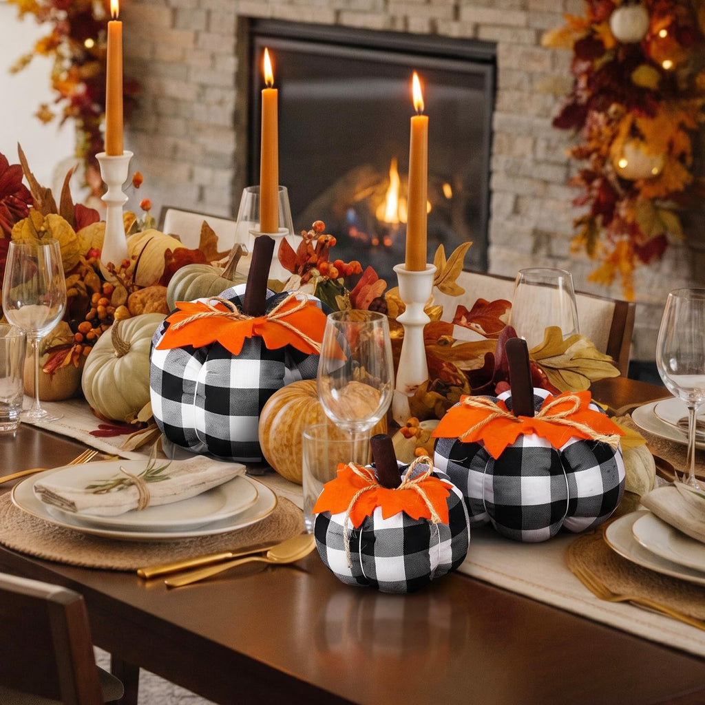 3 Pcs Fall Pumpkins Decor Black White Pumpkins with Orange Leaves