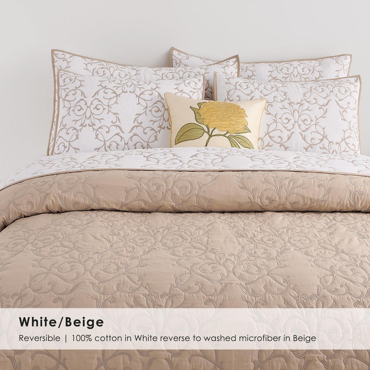 Cotton Quilt - Embroidered Beige Quilt Tan Cotton Coverlet, French Country Toile Bedding, Farmhouse Bed