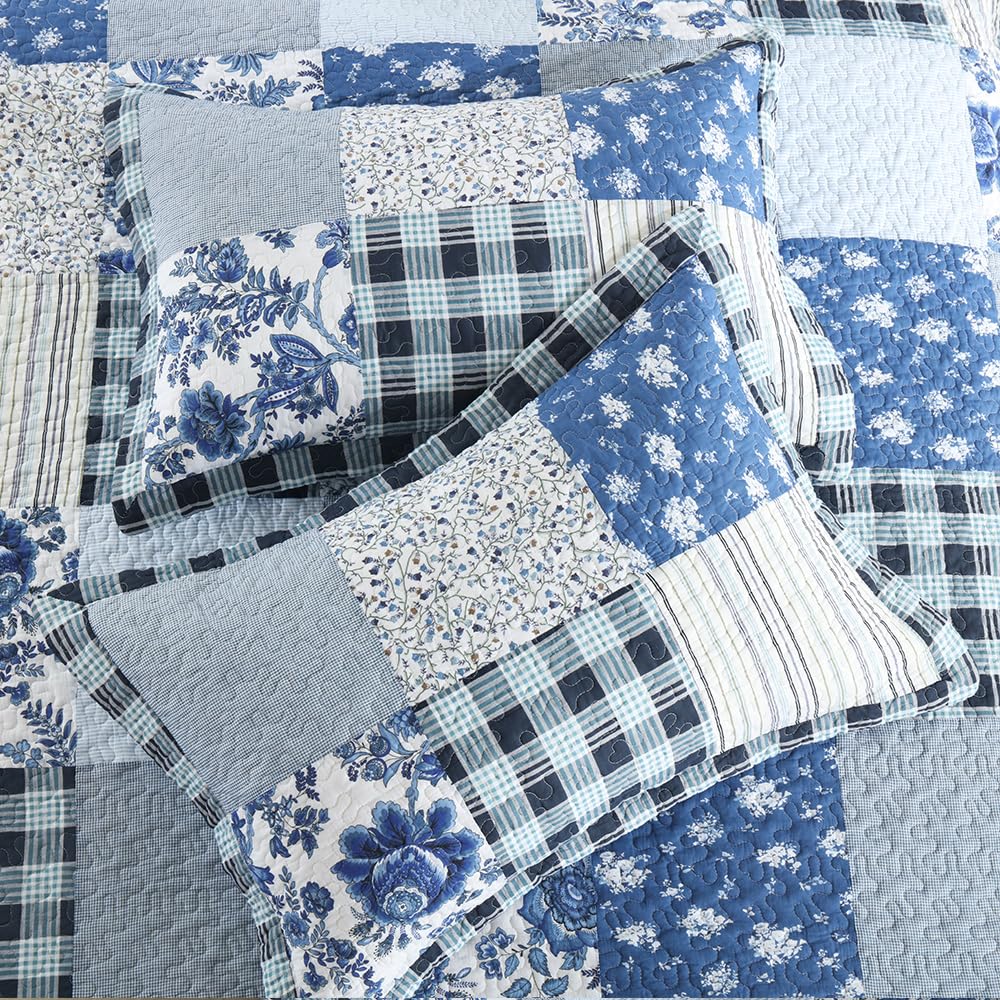Cotton Patchwork Quilt Sets, Lightweight Reversible Coverlet Bedding Sets with 2 Pillow Shams, Blue White
