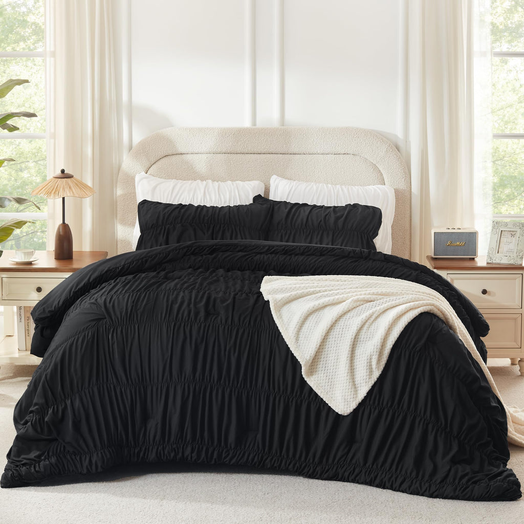 Ruched Black Comforter Set, Boho Ruffle 3 Pieces