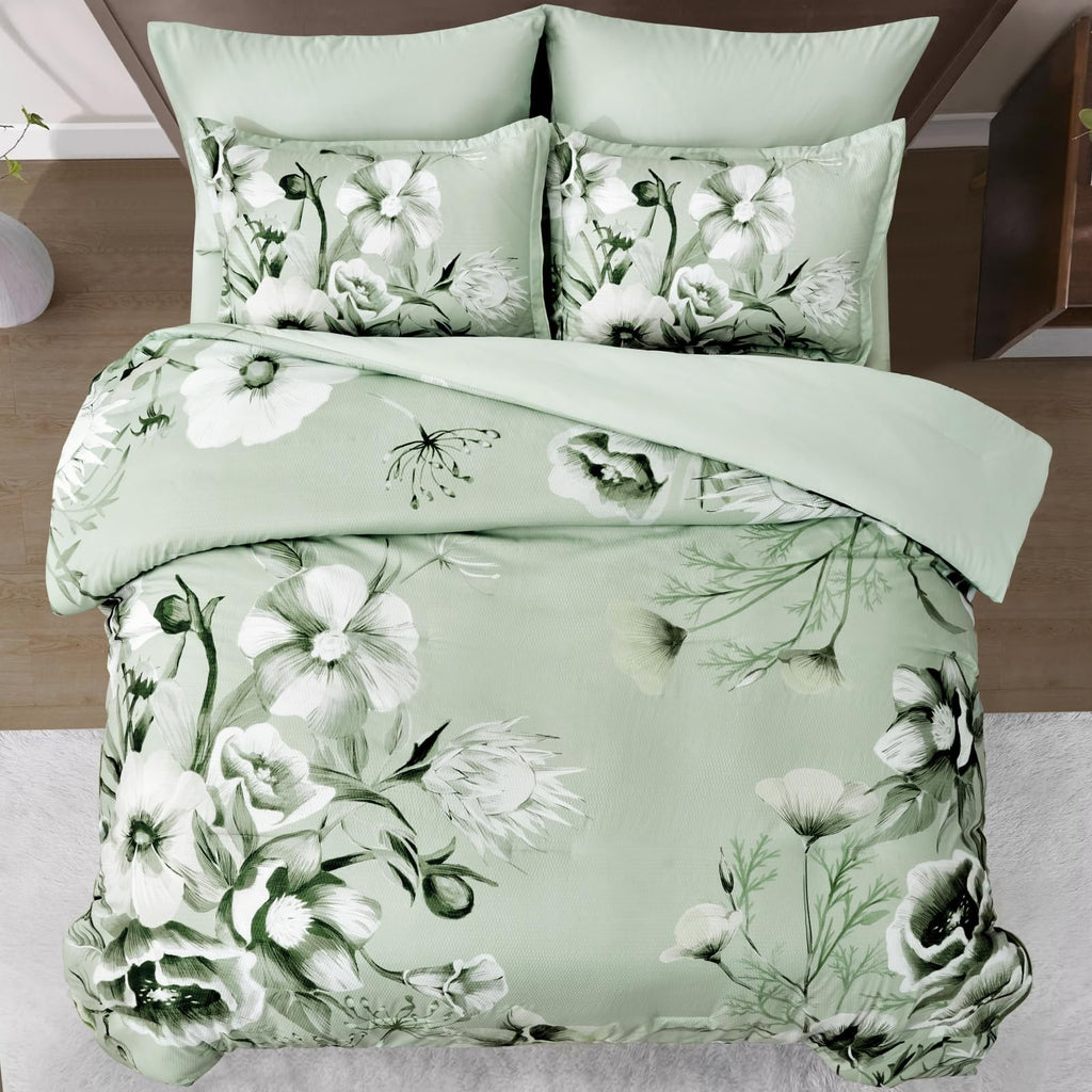 Floral Comforter Set 7 Piece, Sage Green Flower Bed in a Bag, Elegant Floral Comforter with Sheet Set