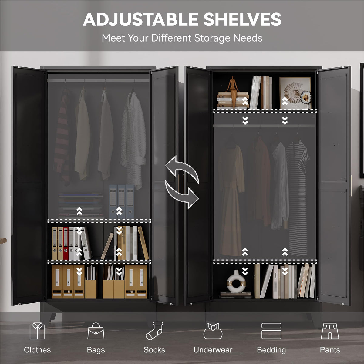 Metal Armoire Wardrobe Closet with Hanging Rod, 71H Metal Cabinet with Doors and Shelves, Freestanding Bedroom Armoire