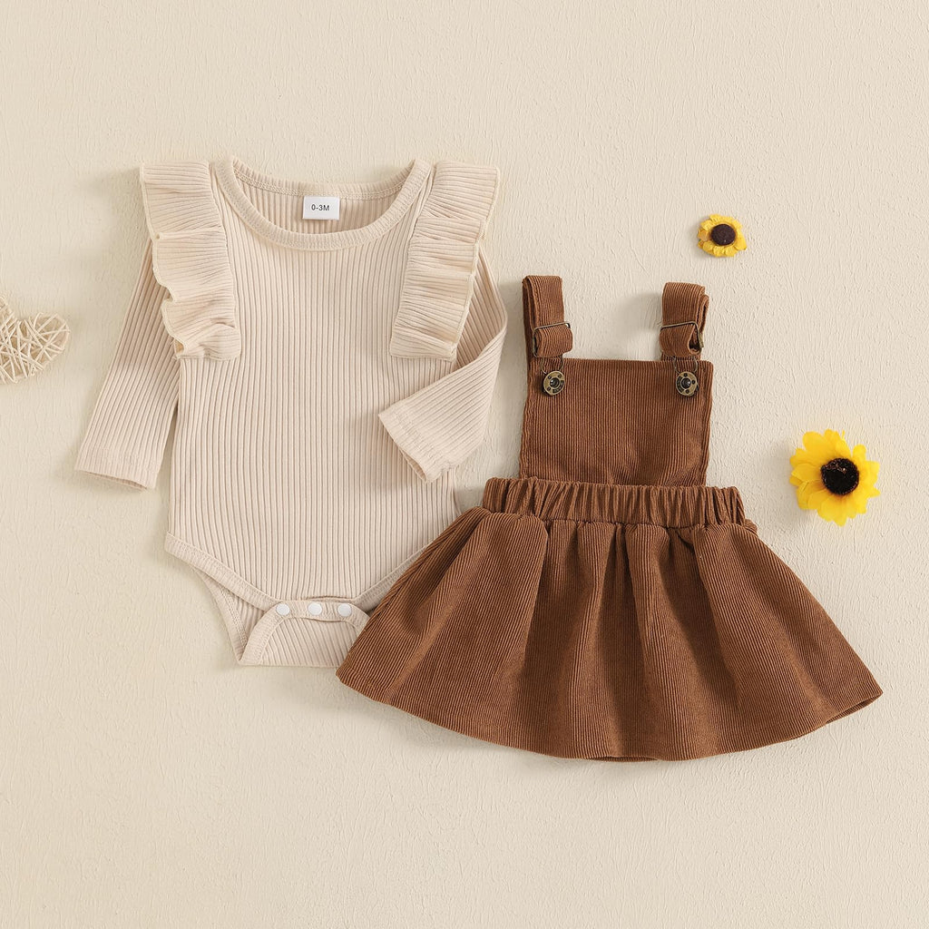 Newborn Infant Baby Girl Skirt Set Ruffle Long Sleeve Knit Romper Corduroy Suspender Dress Skirt Fall Winter Clothes