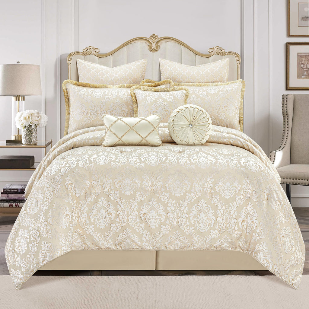 9-Piece Elegant Damask Comforter Set, Beige White
