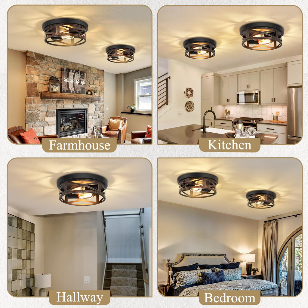 Flush Mount Ceiling Light Fixture, Vintage Metal Black 2-Light Hallway Light Fixtures Ceiling, Rustic Retro Light