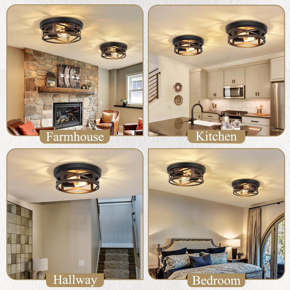 Flush Mount Ceiling Light Fixture, Vintage Metal Black 2-Light Hallway Light Fixtures Ceiling, Rustic Retro Light