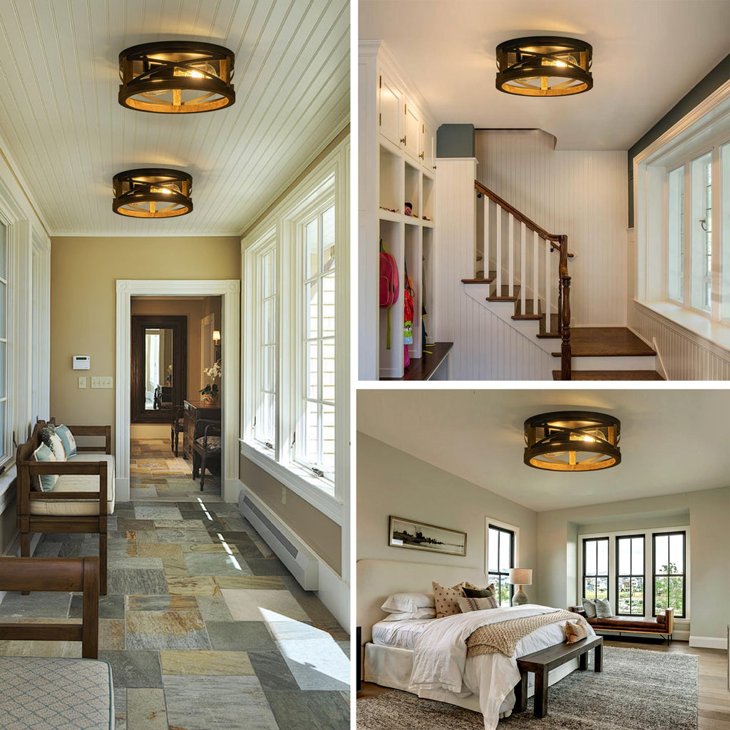 Farmhouse Ceiling Light, 2-Light Round Flush Mount Light Fixture
