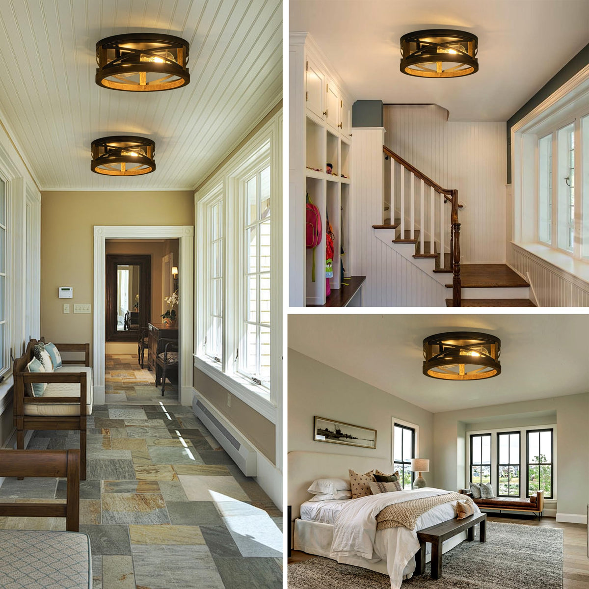 Farmhouse Ceiling Light, 2-Light Round Flush Mount Light Fixture