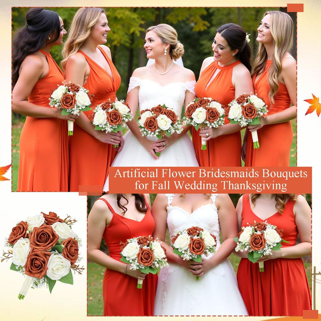 Artificial Bridesmaid Bouquets Set of 6 - Wedding Bouquet Burnt Orange Rose White Babys Breath 7 Inch Flower Bride