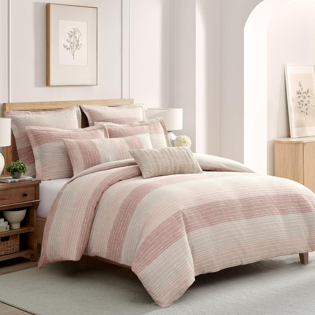 Sand Stripes Blush Comforter Set (90x94in) with 2 Pillowcases (26x20in) - Woven Jacquard Stripe - Pink