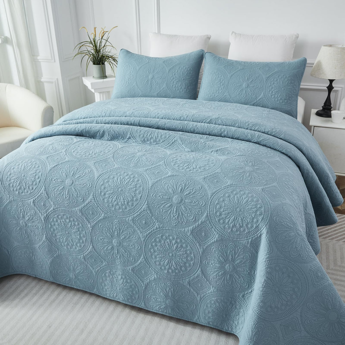Blue Quilt Set Cotton Queen Chic Medallion Matelasse Coverlet 3PC