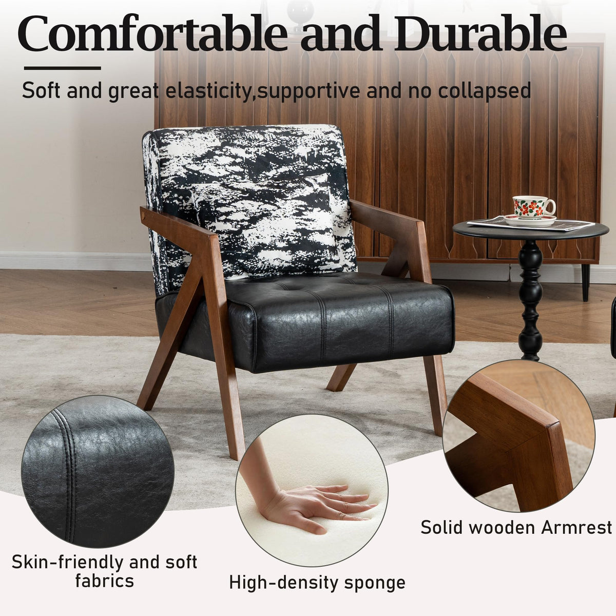 Mid-Century Modern Accent Chair Set of 2 with Solid Wood Frame, Upholstered Leather Living Room Arm Chairs with Pillow