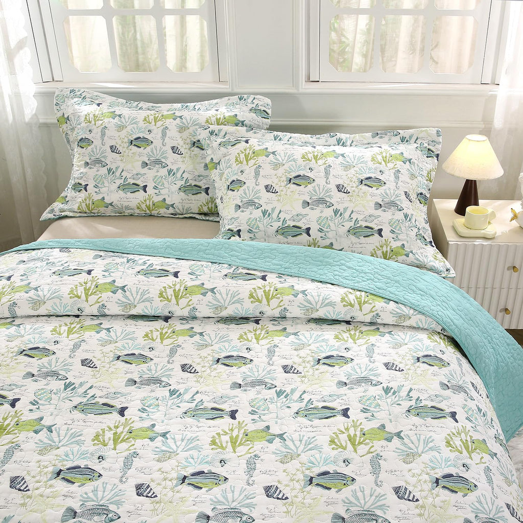 100% Cotton Coastal Quilt Set, Reversible