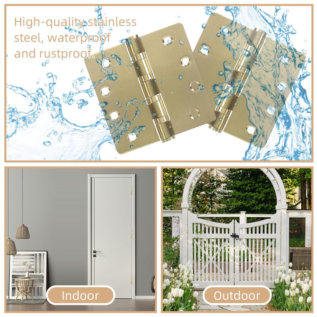 6 Pack Gold Ball Bearing Door Hinges, 4.0 x 4.0 Inches Heavy-Duty Stainless Steel Door Hinges for Exterior & Interior