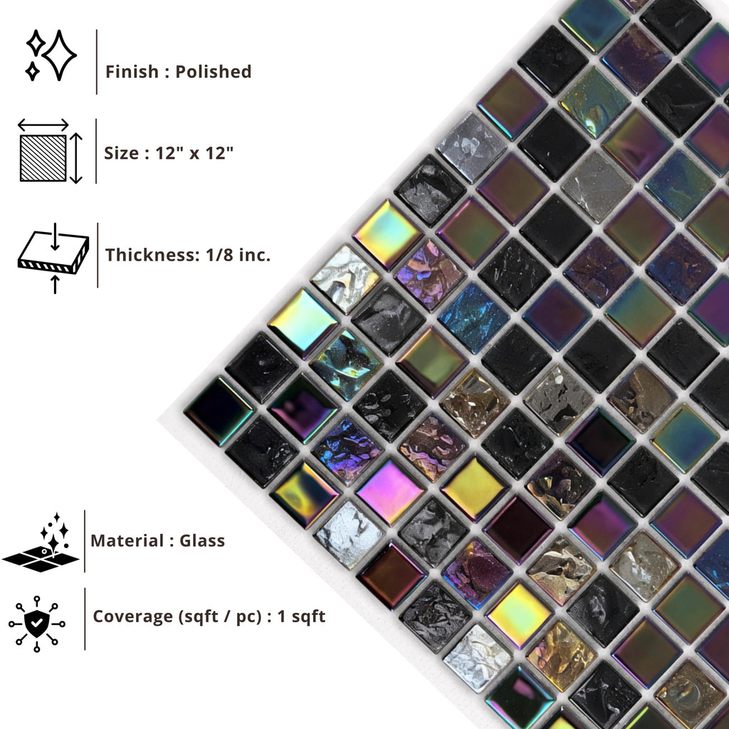 HTC Black Glass Mosaic Tiles - Iridescent Glossy Finish Wall Tile Backsplash, Bathroom Shower, Pool and Spa Accent