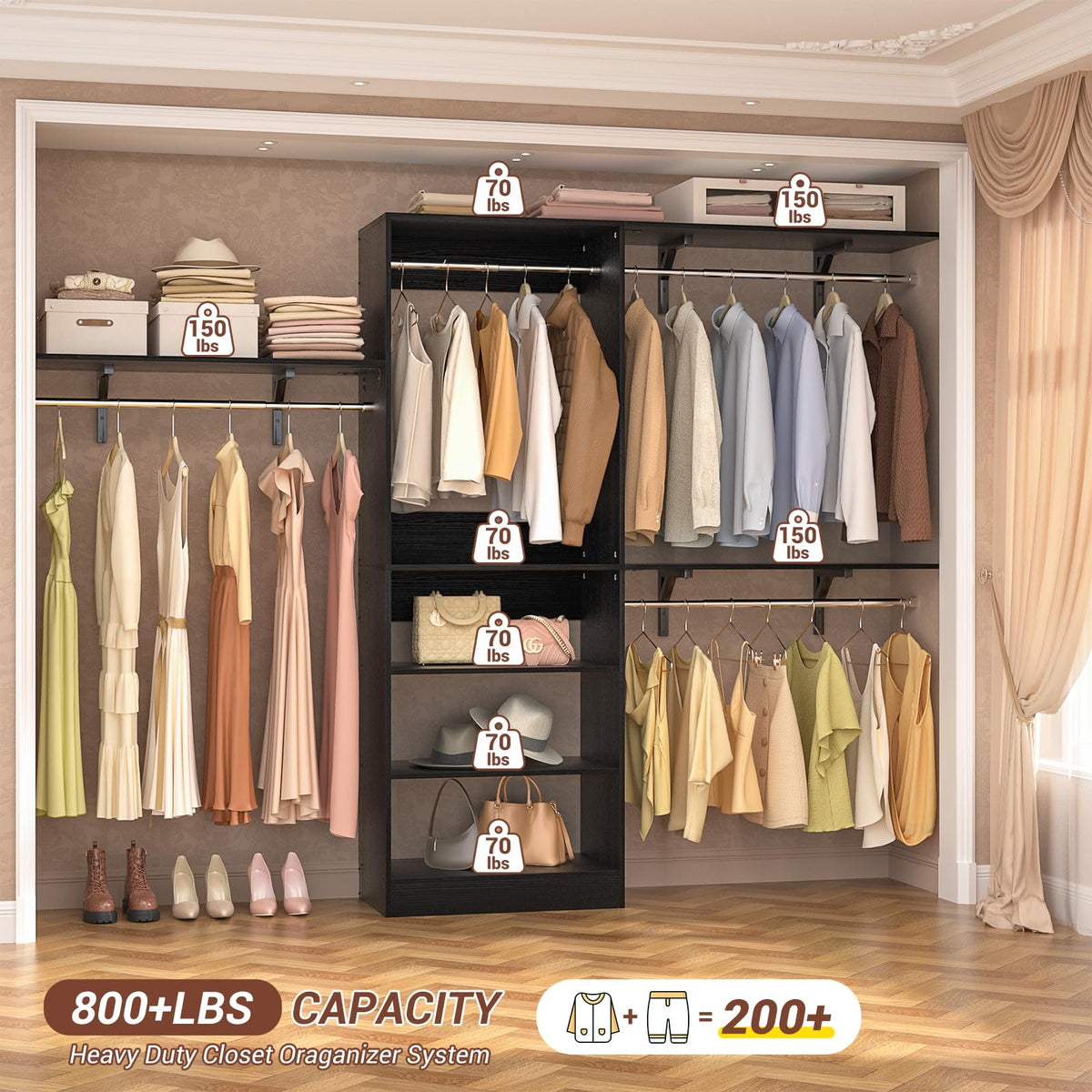 8FT Closet System with 3 Wooden Storage Shelves, 96'' Closet Organizer System with 3 Hanging Rods, Wall Mount Bedroom