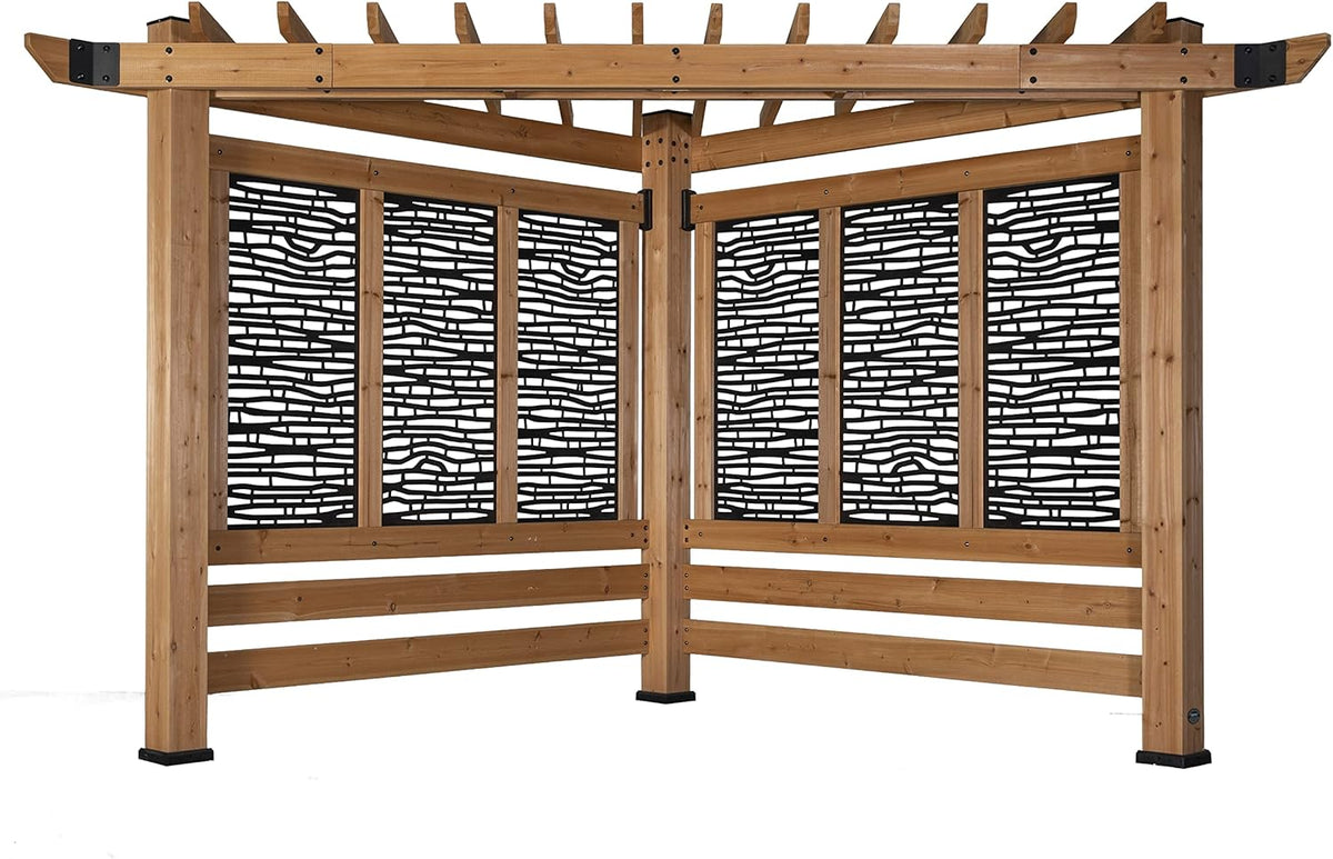 12' x 8' Cedar Wood Cabana Corner Pergola with Bamboo Privacy Panels for Outdoor Patio, Deck, Garden, Poolside