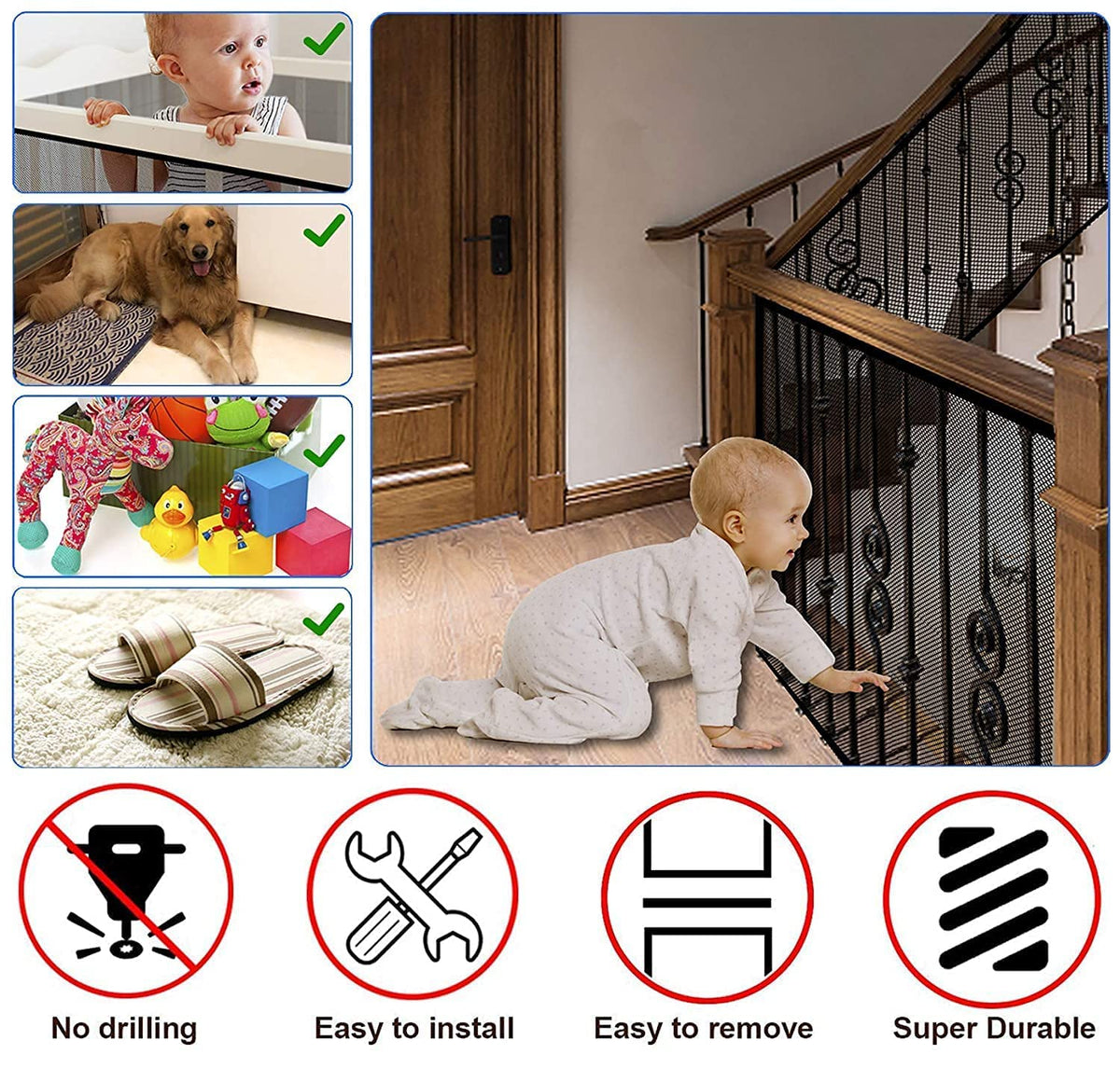 2 Sets Baby Gate for Stairs, Banister Guard for Kids, Pets, Toys, 2 Set 10 ft x 2.6 ft Mesh Netting Safety Net for