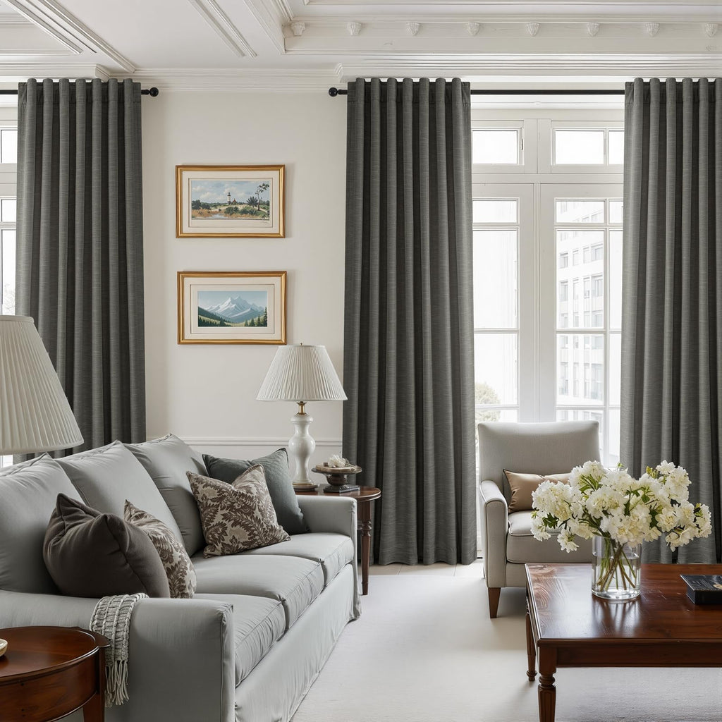 Carbon Grey 84 Inch Total Blackout Bedroom Curtains, Farmhouse Linen Drapes with Rod Pocket & Back Tabs for Sliding