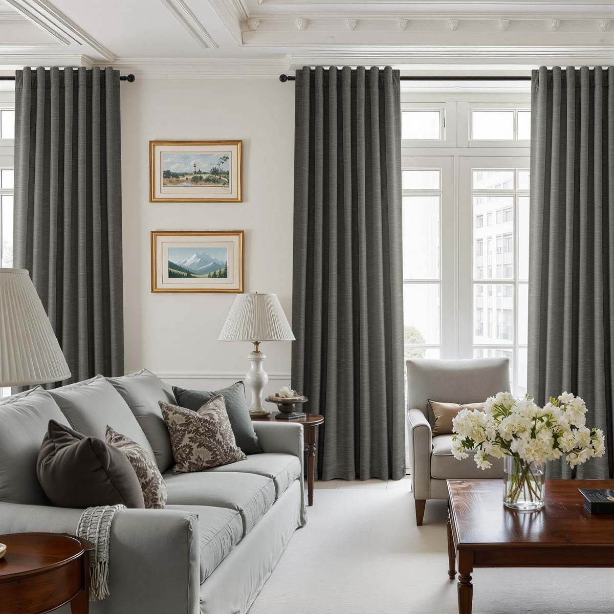 Carbon Grey 84 Inch Total Blackout Bedroom Curtains, Farmhouse Linen Drapes with Rod Pocket & Back Tabs for Sliding