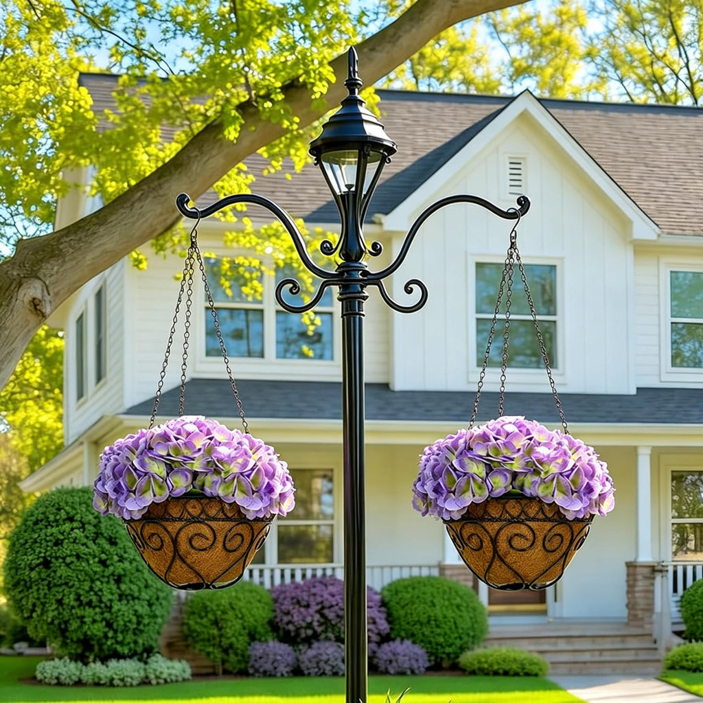 2 Pack Hanging Purple Hydrangea Artificial Flowers with 11in Basket, Outdoor Faux Silk Hydrangea Flowers, Real Touch