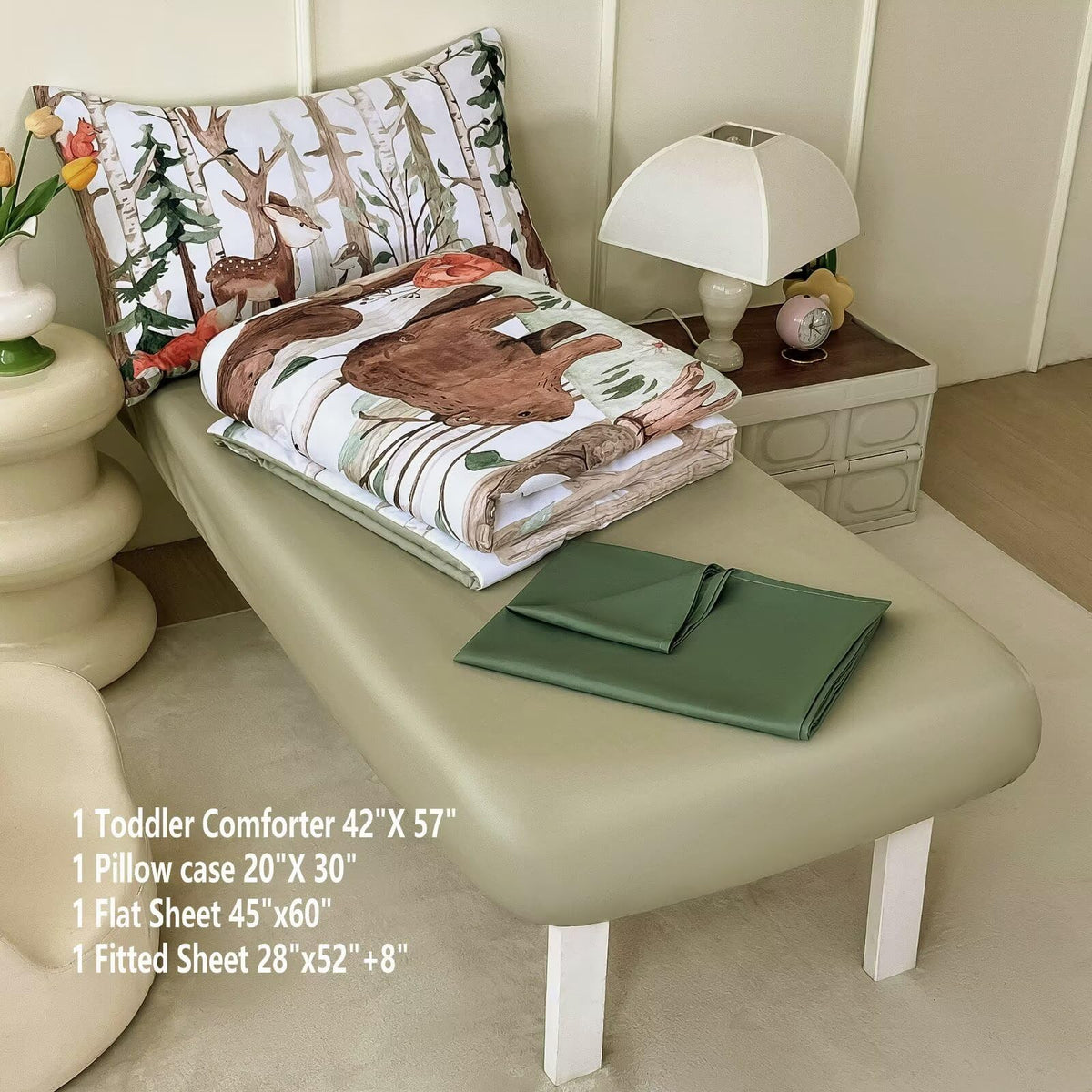 4 Pieces Woodland Animal Toddler Bedding Set, Forest Deer Bear Fox Bed Comforter Set for Boys Girls, Cute Toddler Bed